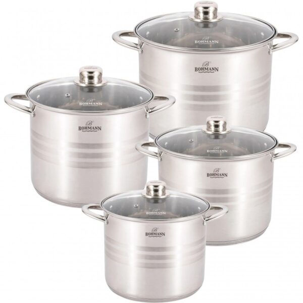 Set oale inox 8 piese Bohmann BH-004, 7 L, 9 L, 11.5 L, 13.5 L, compatibil inductie, capace sticla