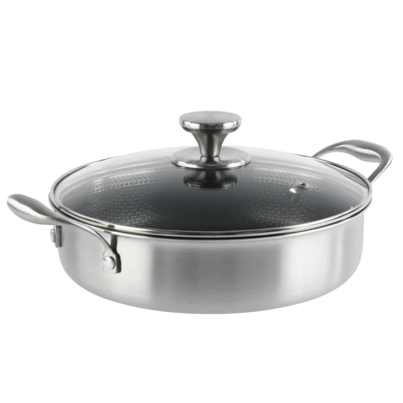 Cratita joasa din inox Grunberg GR9626, 26x7 cm, 3 l, capac din sticla, invelis anti-aderent honeycomb, compatibila plita cu inductie