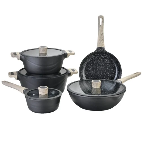 Set cratite aluminiu Goldmann GM-6009, 1.6 L, 3.3 L, 4.1 L, 4.9 L, 6.4 L, 9 piese, interior marmura, capac sticla