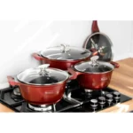 Set cratite + tigaie Goldmann GM-7008, 8 piese, 3.1L/5L/6.5L, interior marmorat, capace sticla, inductie, visiniu