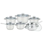 Set cratite+tigaie inox Grunberg GR244, 12 piese, capace din sticla, compatibile inductie
