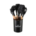 Set ustensile bucatarie Bohmann BH-7678-8, 8 piese, silicon alimentar, maner lemn, negru