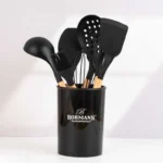 Set ustensile bucatarie Bohmann BH-7678-8, 8 piese, silicon alimentar, maner lemn, negru - imagine 2