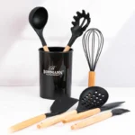 Set ustensile bucatarie Bohmann BH-7678-8, 8 piese, silicon alimentar, maner lemn, negru - imagine 3