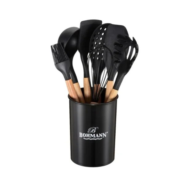 Set ustensile bucatarie Bohmann BH-7678-8, 8 piese, silicon alimentar, maner lemn, negru