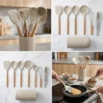 Set ustensile de bucatarie din silicon Goldmann GM-7678-10BE, 10 piese, maner din lemn, suport inclus, bej - imagine 3